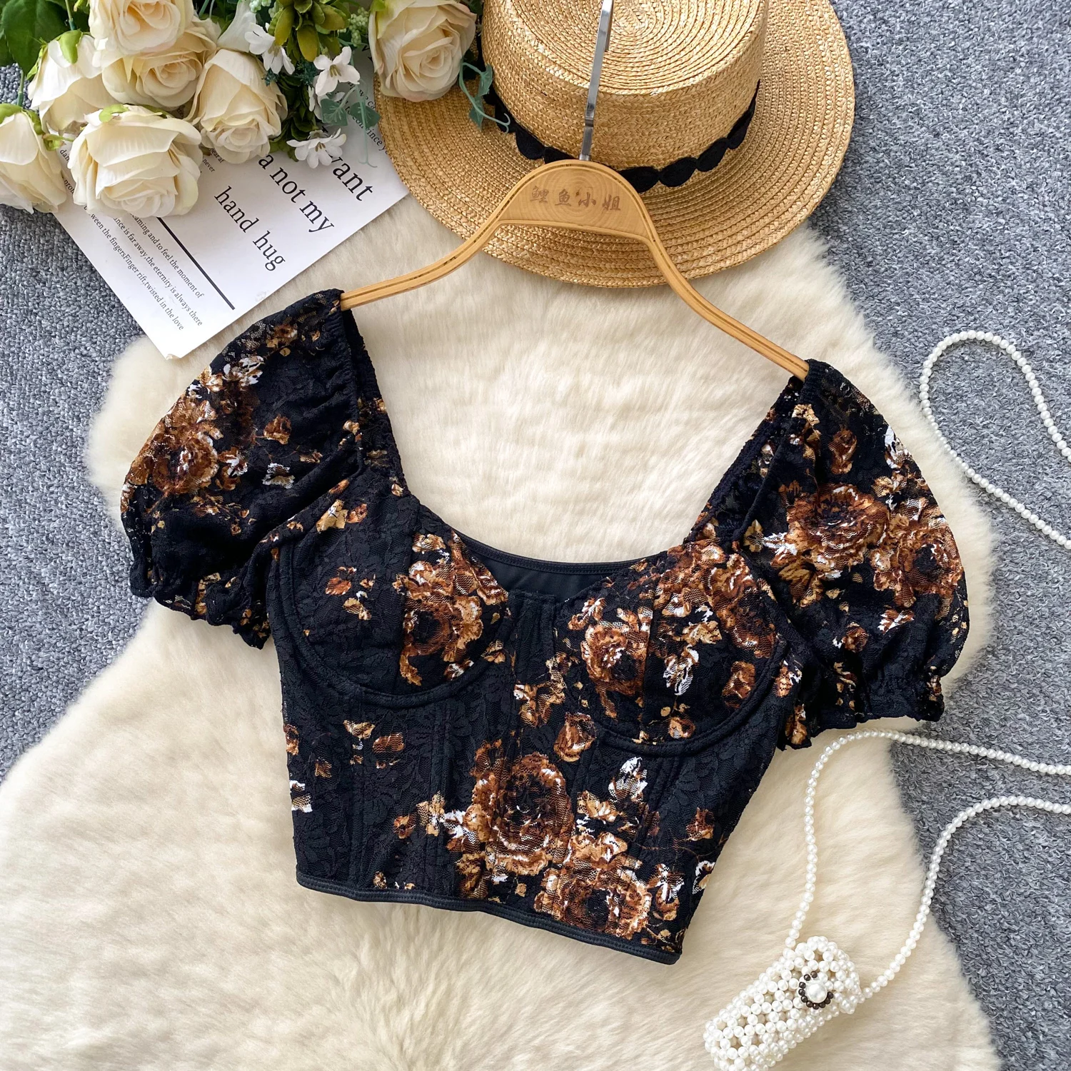 

Шикарная кружевная блузка с пышными рукавами и цветочным принтом, сексуальная блузка, базовые футболки, модная женская уличная одежда, милая женская одежда