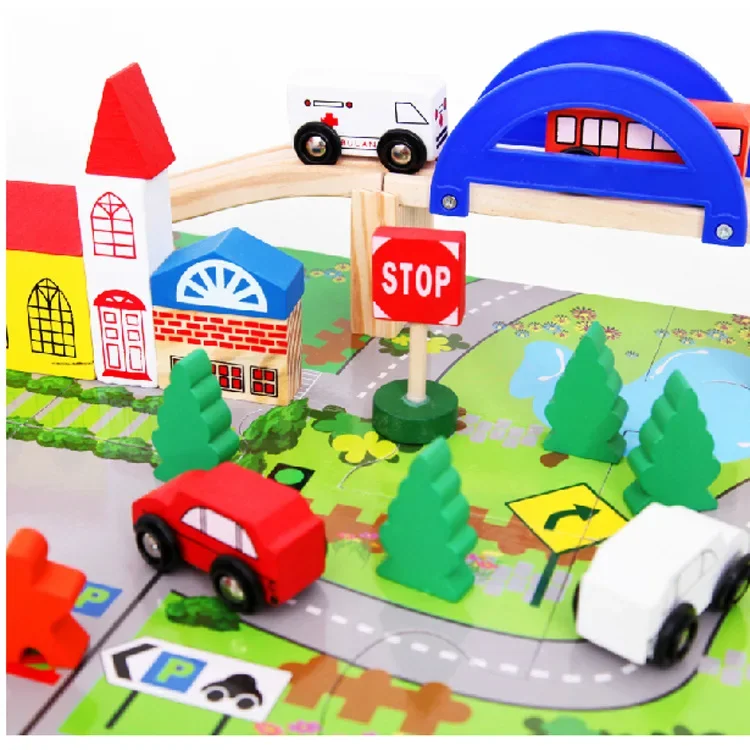 [Funny] 40pcs/set Wooden Urban Rail Overpass car transit scene combination children's early education toys baby birthday gift