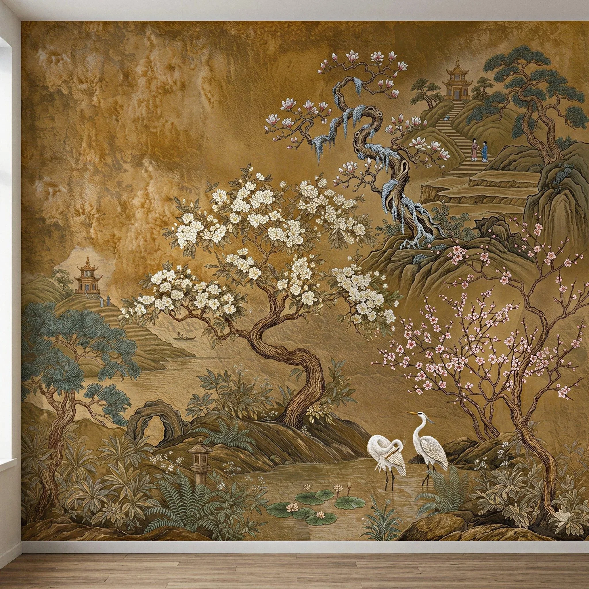 Custom Vintage Gold Chinoiserie Wallpaper Mural White Flower Crane Bird Landscape Peel and Stick Wall Decor for Living Room