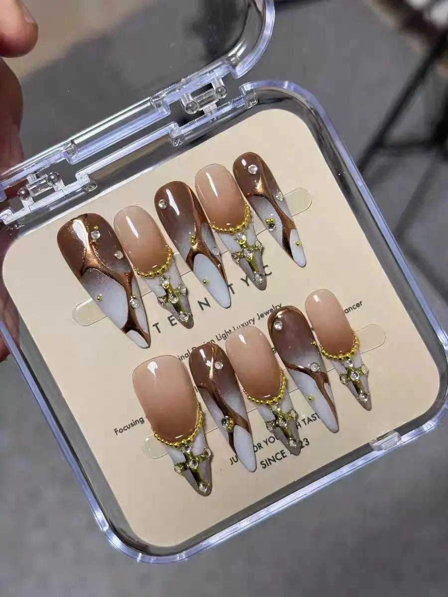 Handmade Manicure Wearing Manicure Maillard Color Brown Hand-painted Gradual Change Personality Design Nail Press On