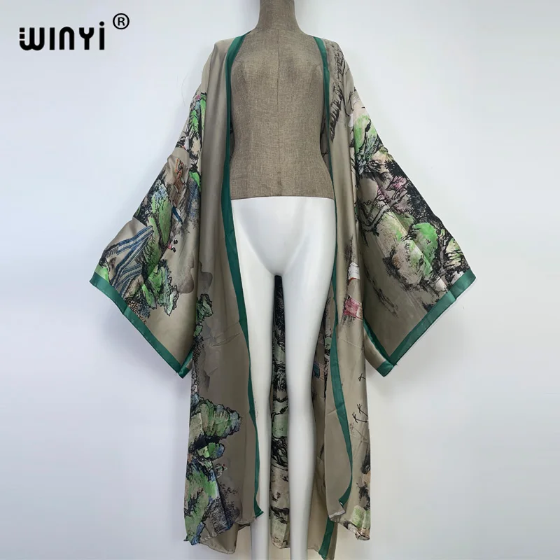 2022 Winyi Europa Kimono Vrouwen Vest Stitch Jas Cocktail Sexcy Boho Beach Cover Up Robe Afrikaanse Vakantie Lange Mouw Gewaad