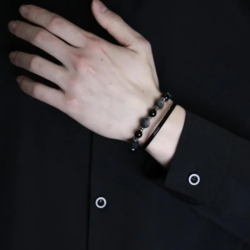 Natural silver obsidian transfer crystal bracelet, high-end design lunar meteorite bead bracelet, boys gift bracelet.