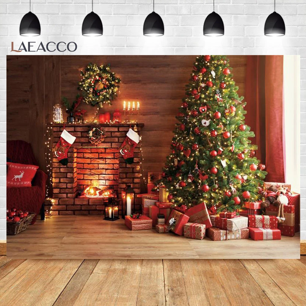 Winter Christmas Fireplace Photography Backdrop Xmas Tree Gift Wreath Living Room Decor Family Portrait Photography Background