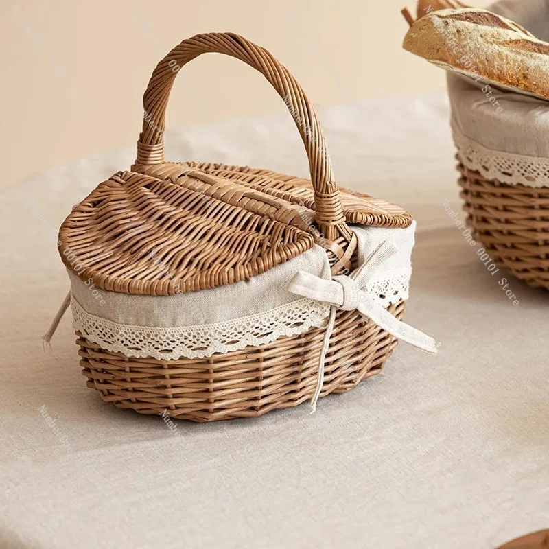 Rustic Wicker Picnic Basket with Lid Insulated Lining Handwoven Willow Storage Tote Portable Outdoor Spring Outing Food view 4