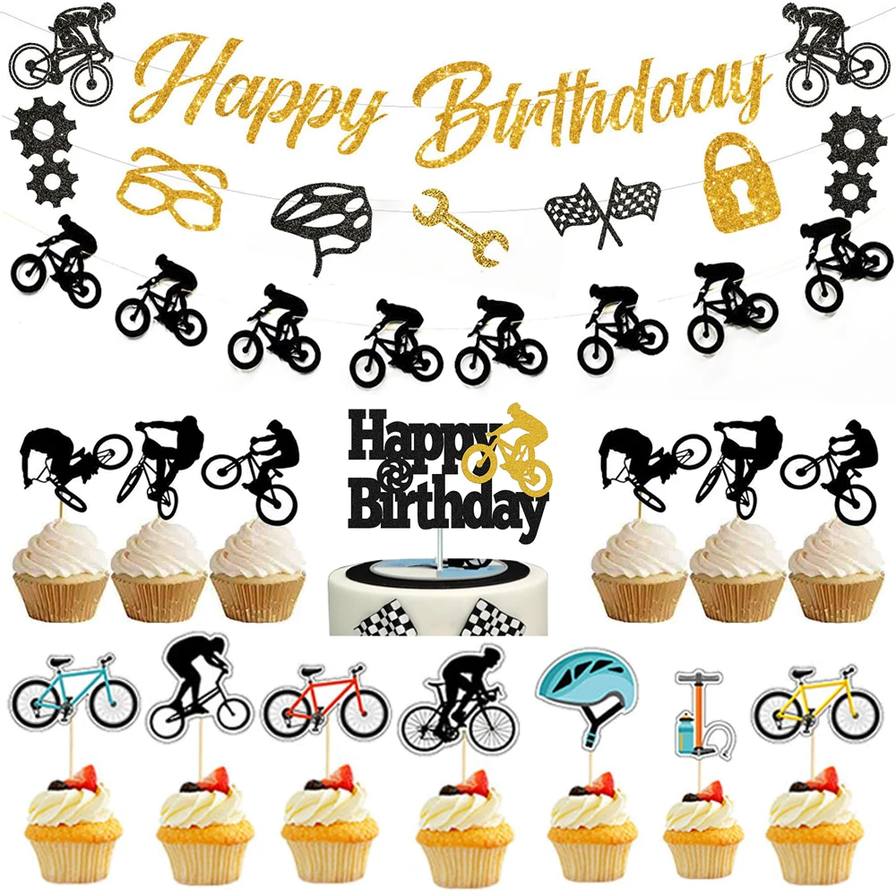 Dirt Bike Birthday Party Decors Happy Birthday Banner Cake Toppers Bicycle Sports Theme Birthday Party Supplies for Kids