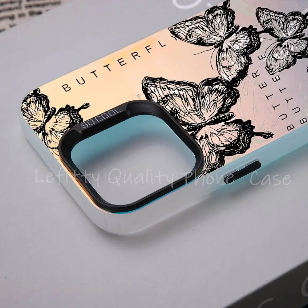 Retro Black Butterfly Fashion Phone Case For IPhone 17 16 15 14 13 12 11 Plus Pro Max Multicolor Aurora Laser Shockproof Funda