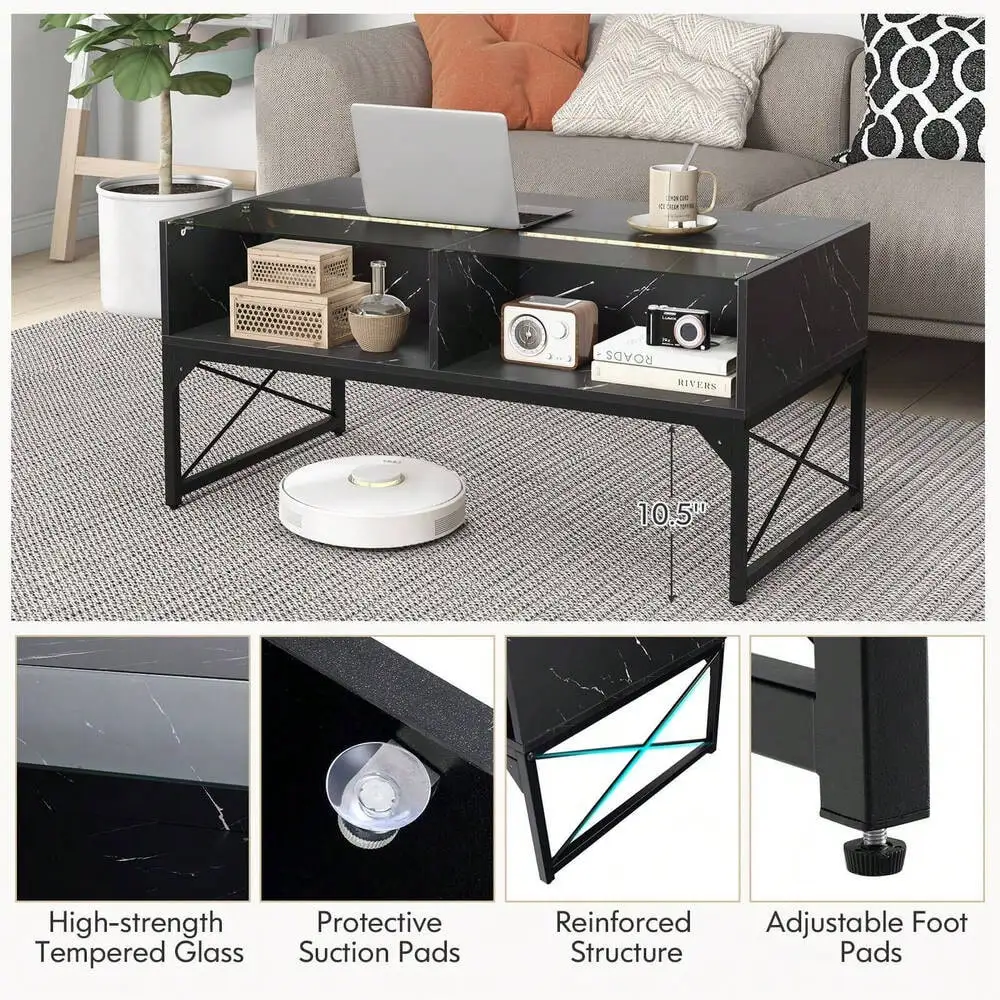 High-gloss Coffee Table w/ Faux Marble & Tempered Glass Top 4 Storage Cubes