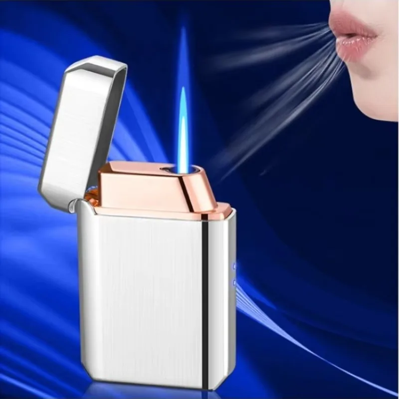 Encendedor de Gas butano con llama azul a prueba de viento, Control por voz de Metal, ventana de Gas Visible, múltiples métodos de encendido, dispositivo de encendedor USB
