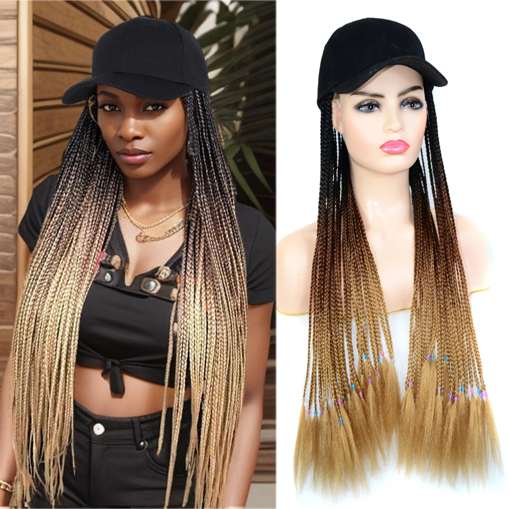 Braided Baseball Cap Wig Box Braid Hair Extensions with Hat Ombre BlacK Brown Blonde Color Synthetic Hair Wigs for Women