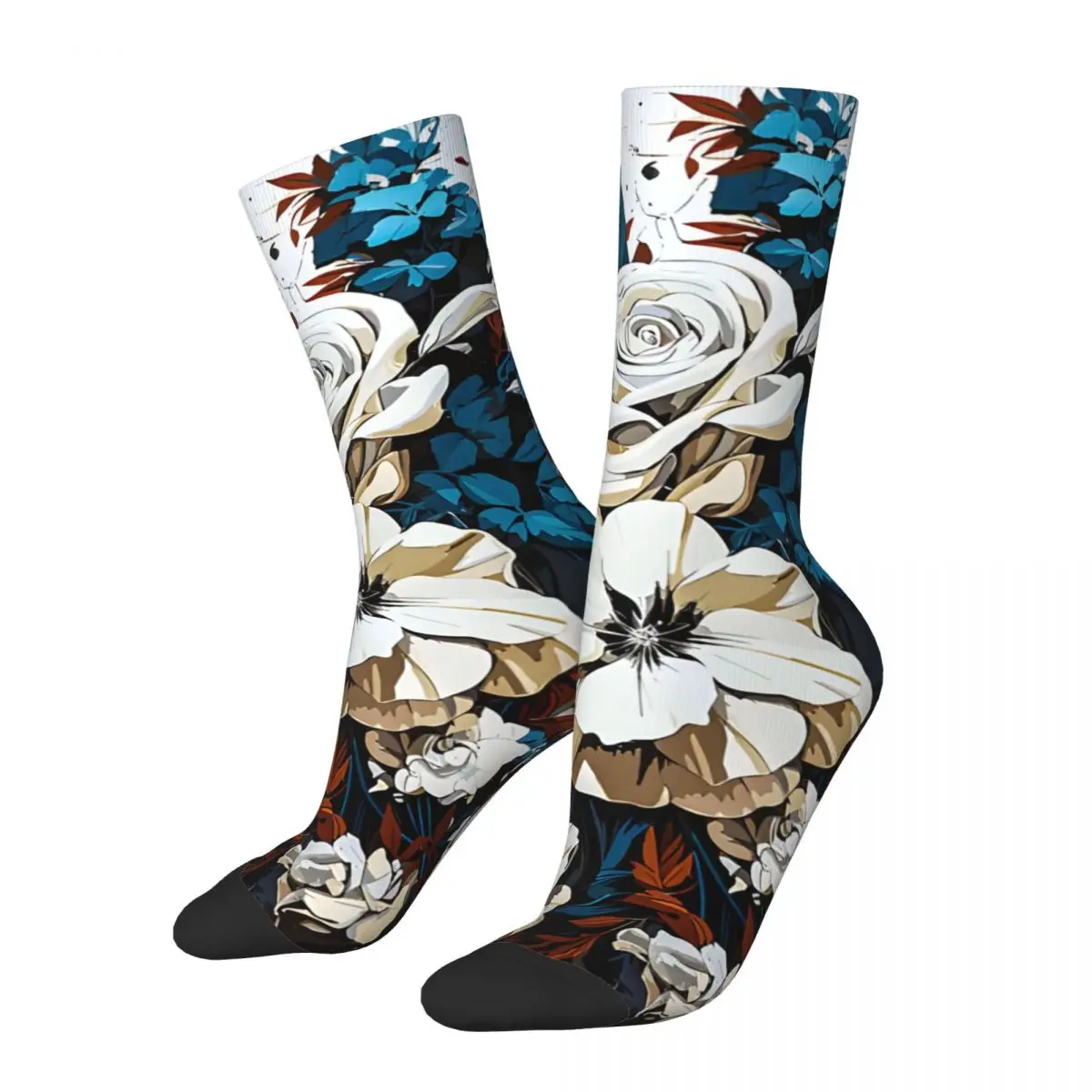 Crazy compression Blue Floral Mural Sock for Men Harajuku Seamless Pattern Crew Sock Novelty