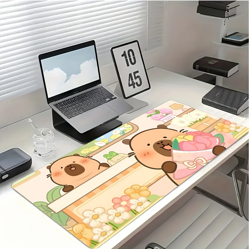 

Коврик для мыши с капибарой, цветами и сердечками, большой резиновый противоскользящий коврик для ПК, настольные аксессуары, коврик для мыши для офиса и геймера, декоративный коврик для клавиатуры