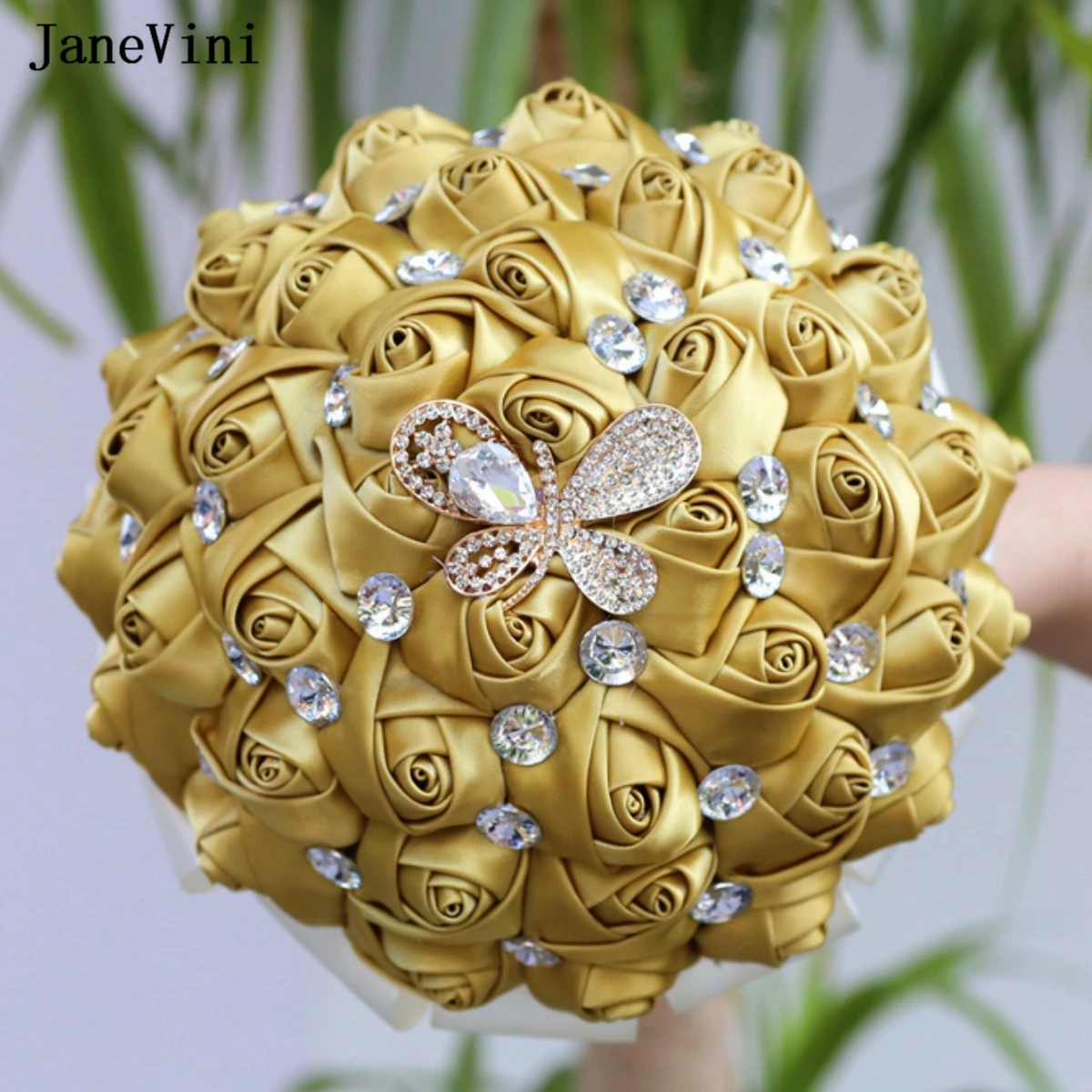 JaneVini Charming Korean Wedding Brooch Bouquets Luxury Diamond Light Gold Ribbon Flowers Artificial Bridesmaids Bridal Bouquet