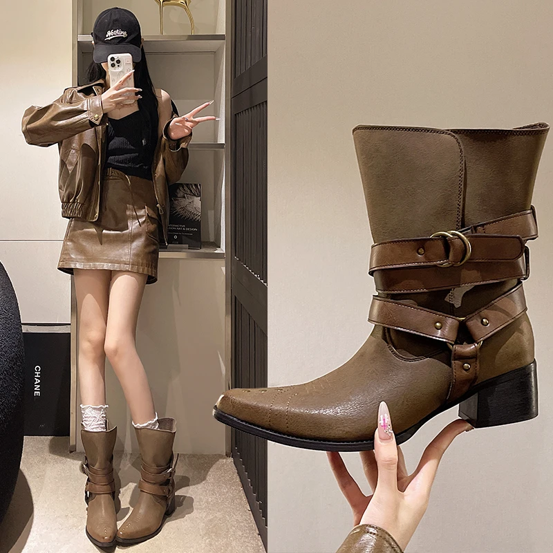 

Новинка 2025, осенние ботинки на одинарном квадратном каблуке, новые нескользящие износостойкие короткие ботинки с острым носком и металлической пряжкой, женские ботинки