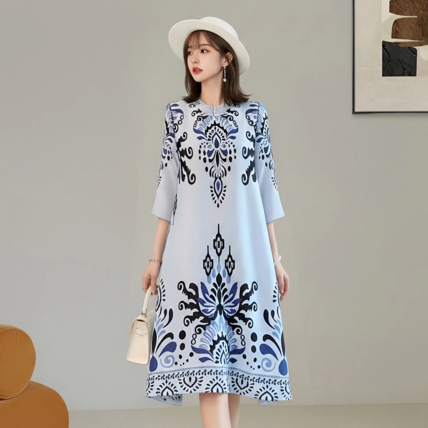 Miyake Pleated Women's Casual Dresses 2026 New Summer Contrasting Print Elegant Stand-up Collar Mid-sleeve Mid-length Skirt
