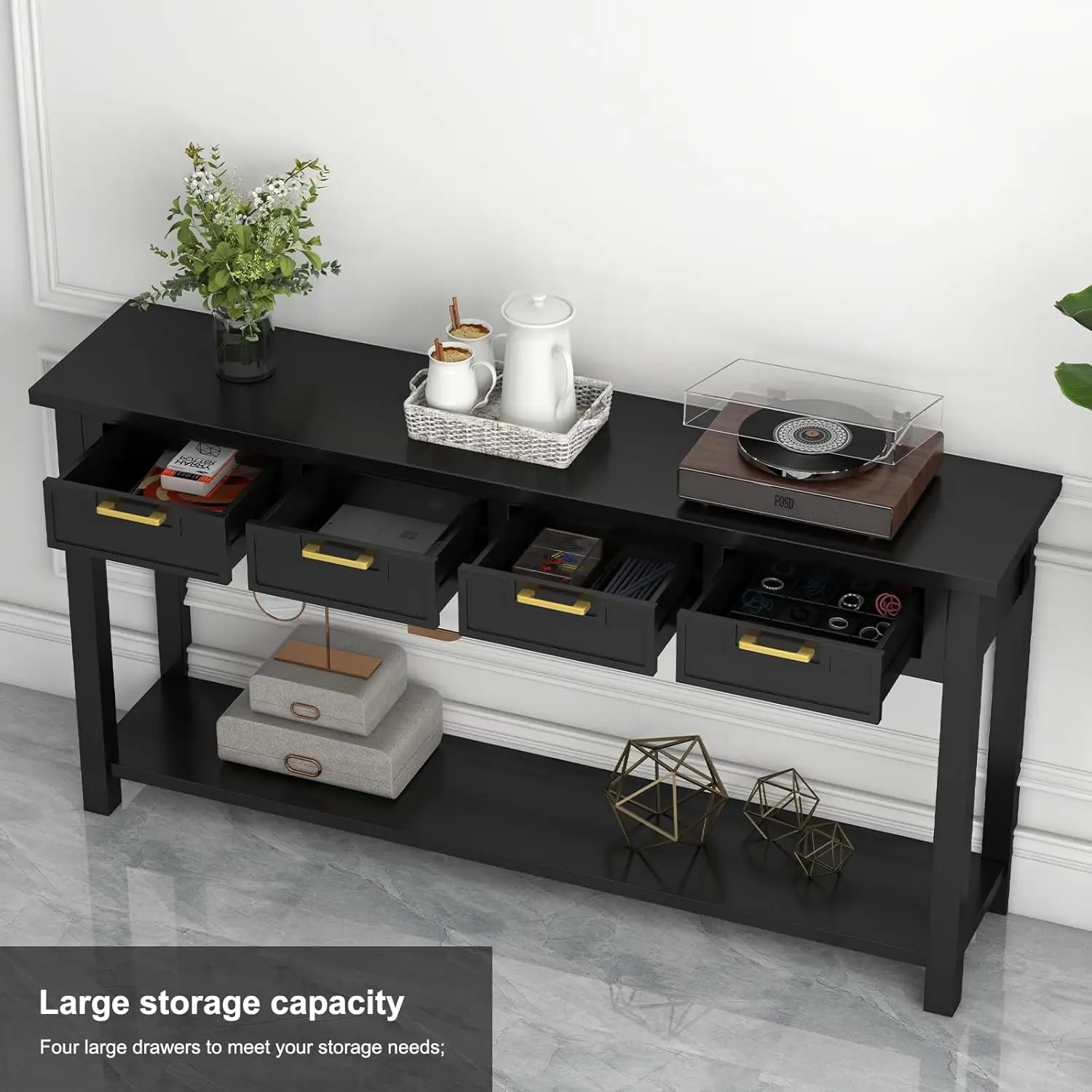 Black Entryway Table 60 Inch - Console Table With 4 Drawers And Open Storage Shelf, Narrow Long Sofa Table For Living Room