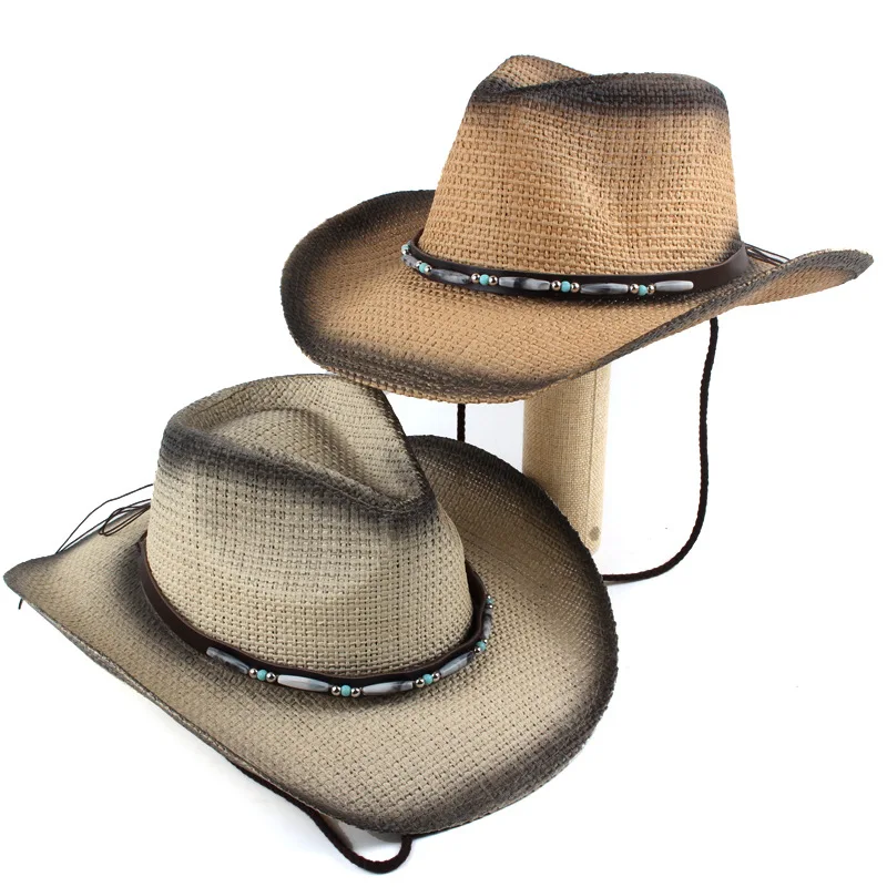 Best-selling Western Cowboy Straw Hat With Leather Strap And Acrylic Bead Decoration, Jazz Hat, Outdoor Sun Hat