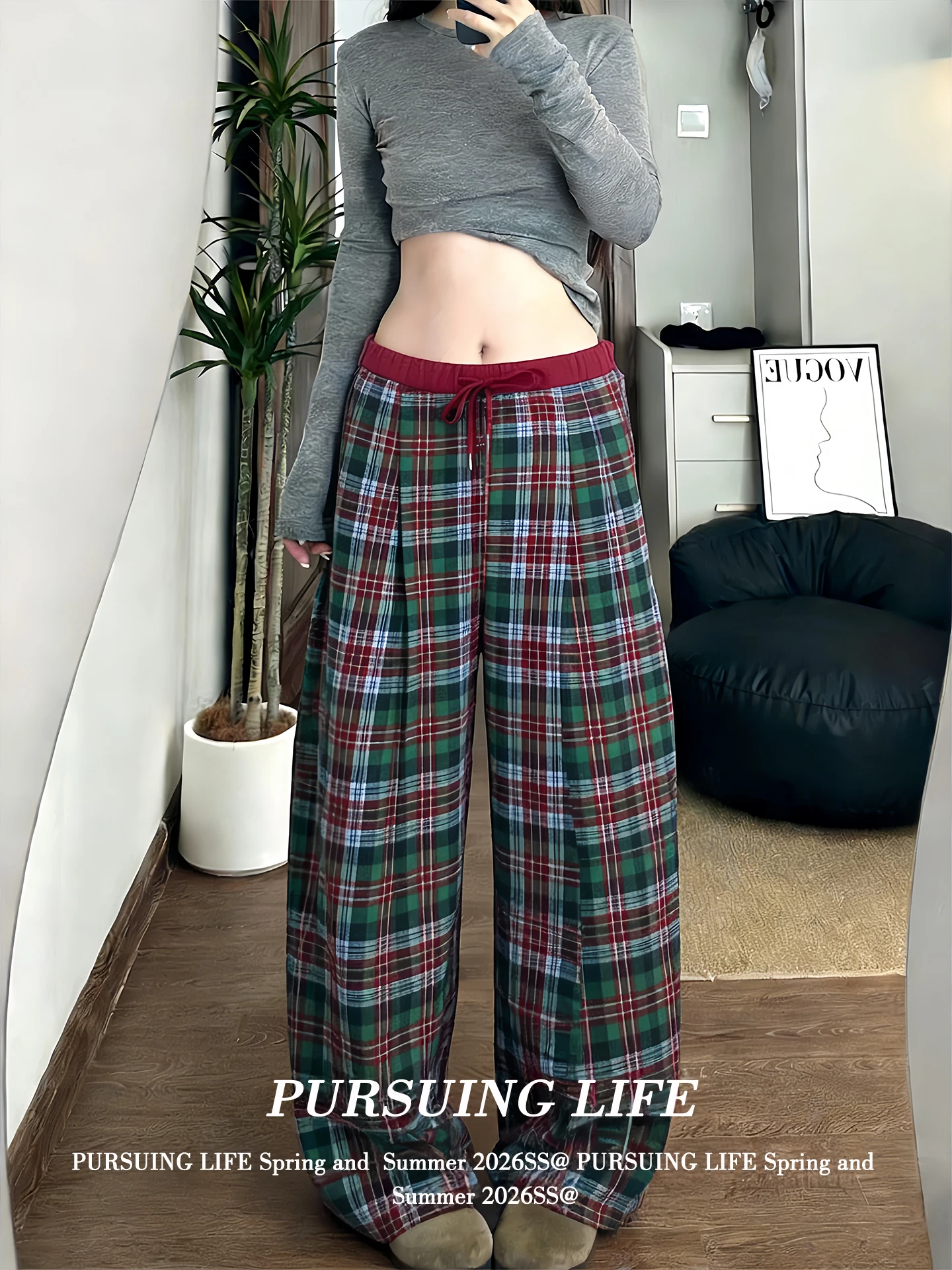 

Американские ретро-брюки в клетку с широкими штанинами для женщин, весенние повседневные брюки с высокой талией, свободные прямые струящиеся брюки в пол