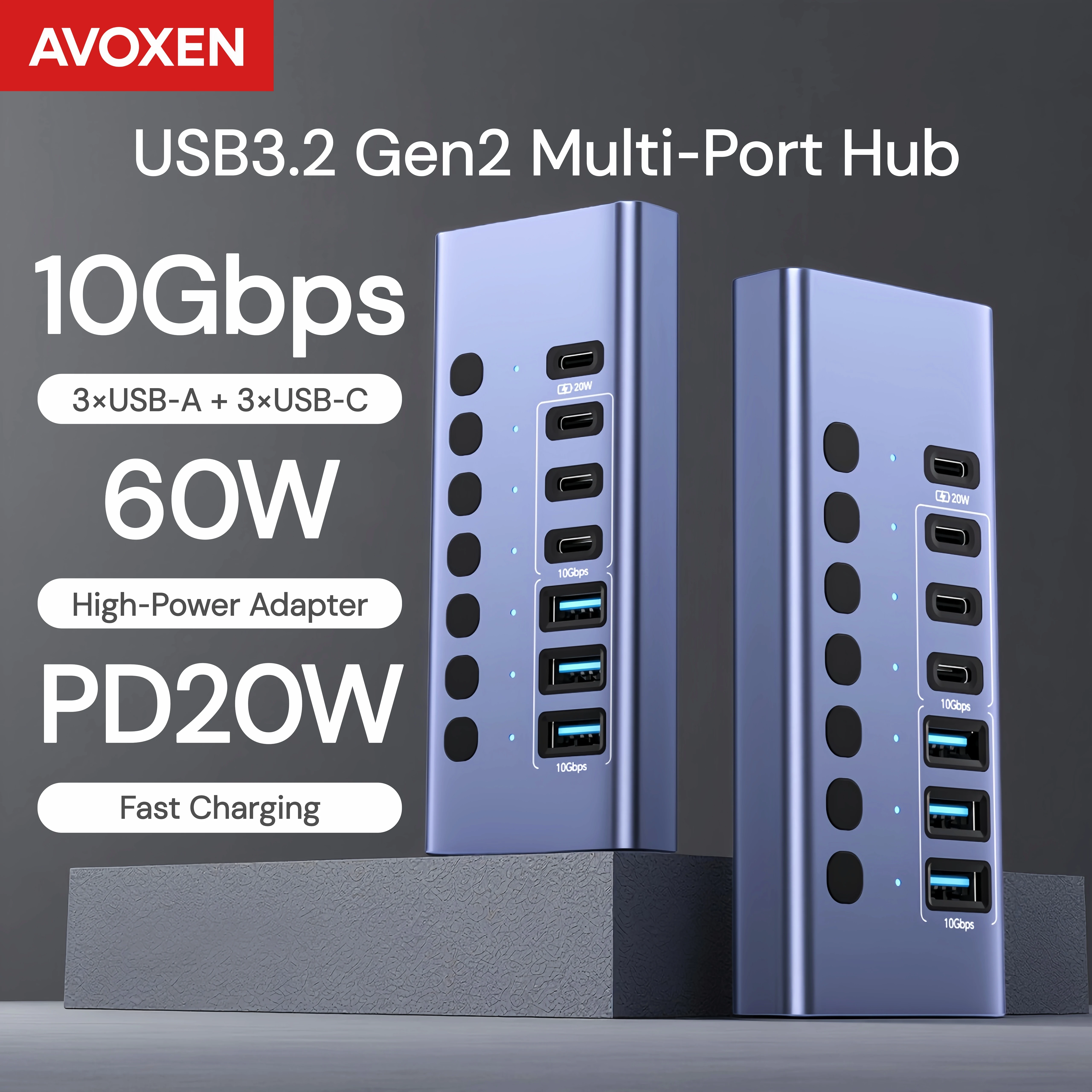 USB Hub 3.2 Gen 2 10Gbps with Power Supply 7 Ports On Off Switch Button PD 20W Fast Charging Aluminum Multiport Adapter for PC