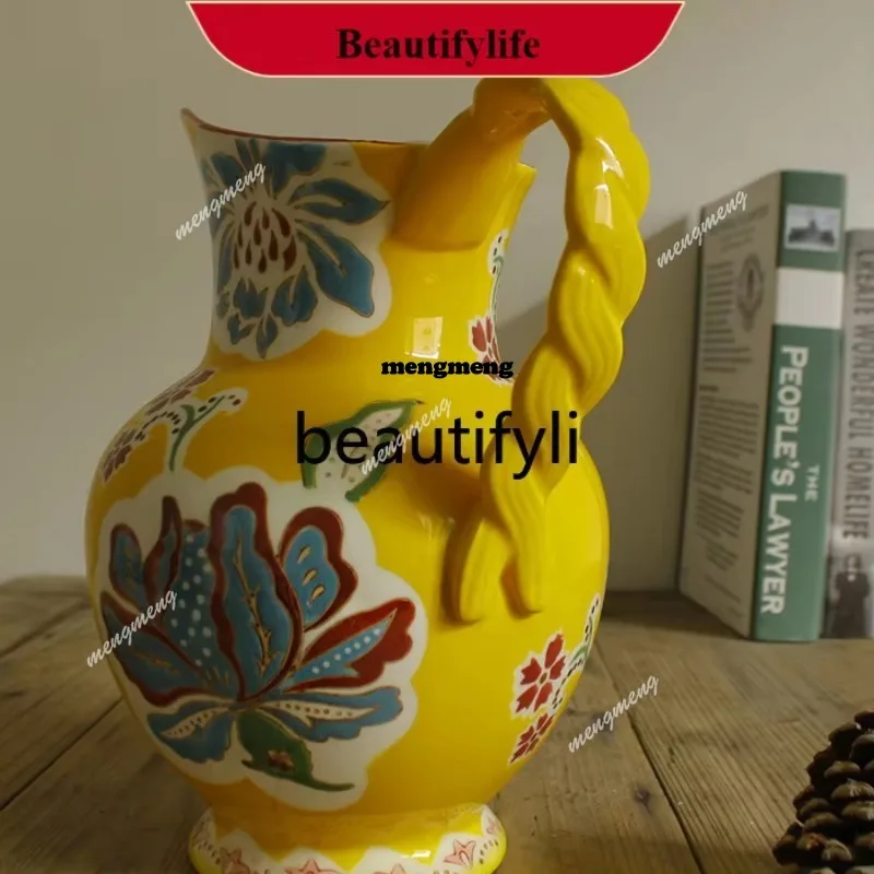 European pastoral hand-painted yellow flower pot export ceramic vase living room dining room table decoration ornament  N