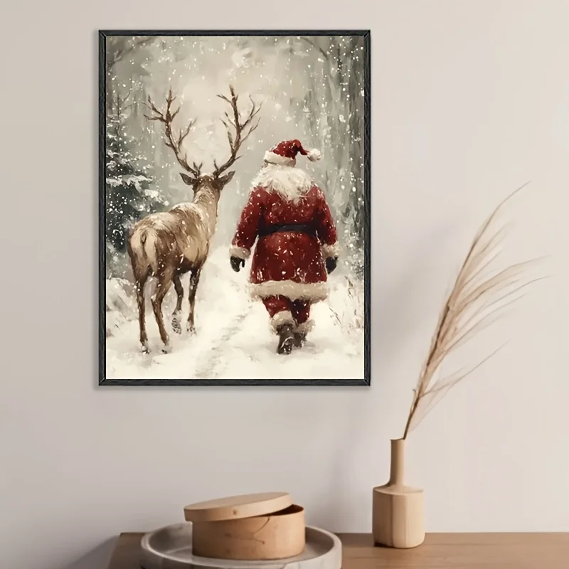 [Vintage Christmas Wall Art] Vintage Christmas Canvas Wall Art Print, 1 Santa Claus and Reindeer in the Snowy Forest - Unframed