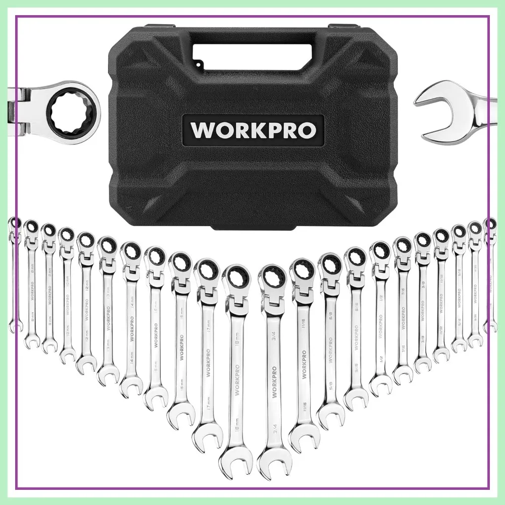 

22-Piece Ratcheting Wrench Set, Flex-Head Combination Wrenches with Organizer Case, 72-Tooth, Metric 6-18mm & SAE 1/4-3/4