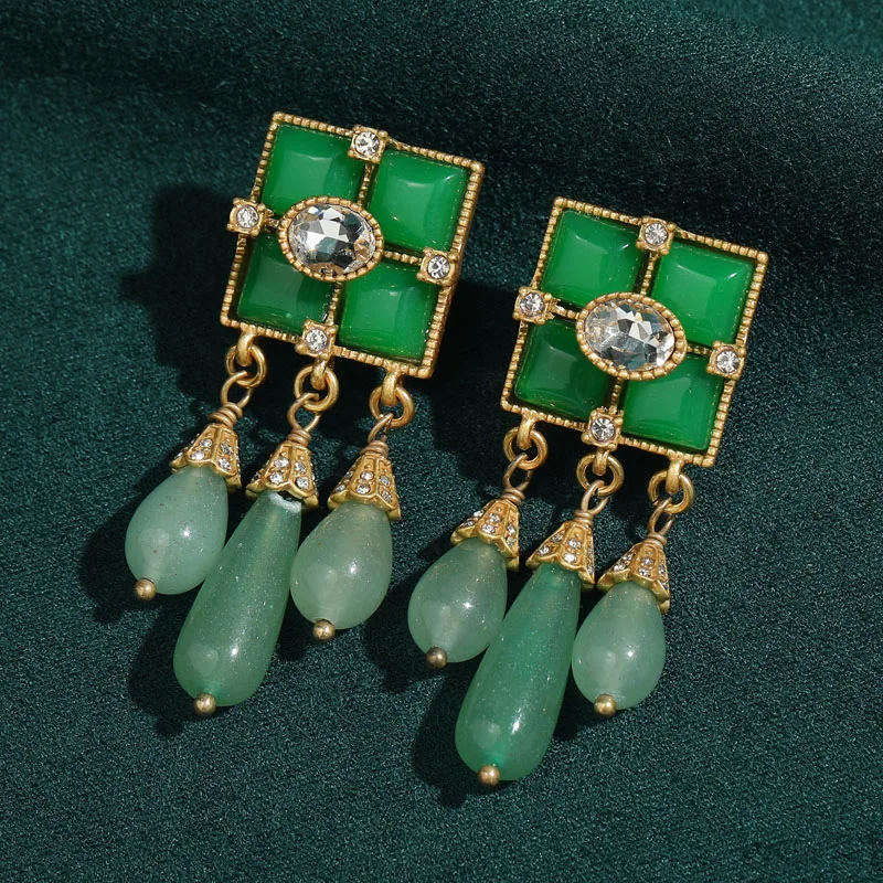 

Vintage Square Green Tassel Jade Drop Earrings Pendant For Woman Long Beads Girls 2026 New Trends Engagement Accessories