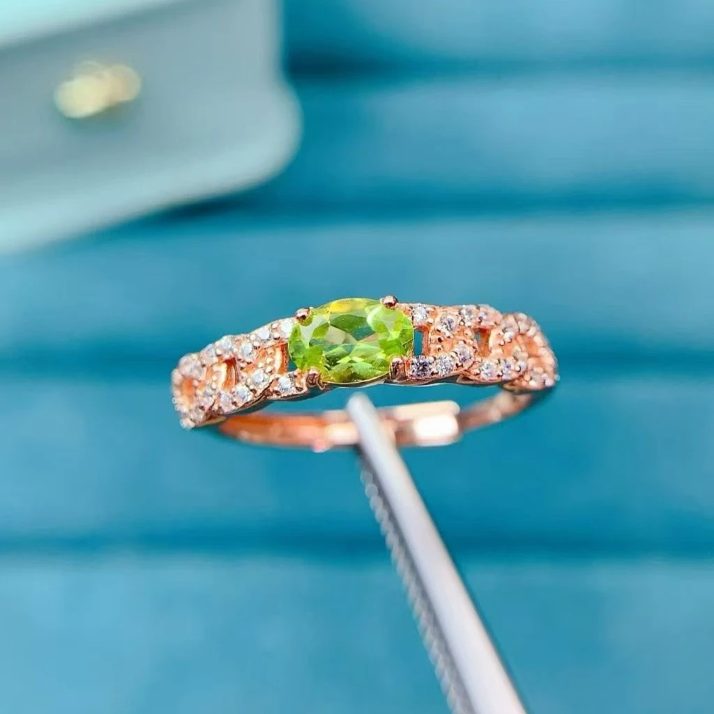 Genuine 925 Silver Peridot Ring 4x6mm 0.5ct Natural Peridot Jewelry with Certificate 18K Gold Plated Silver Gemstone Jewelry