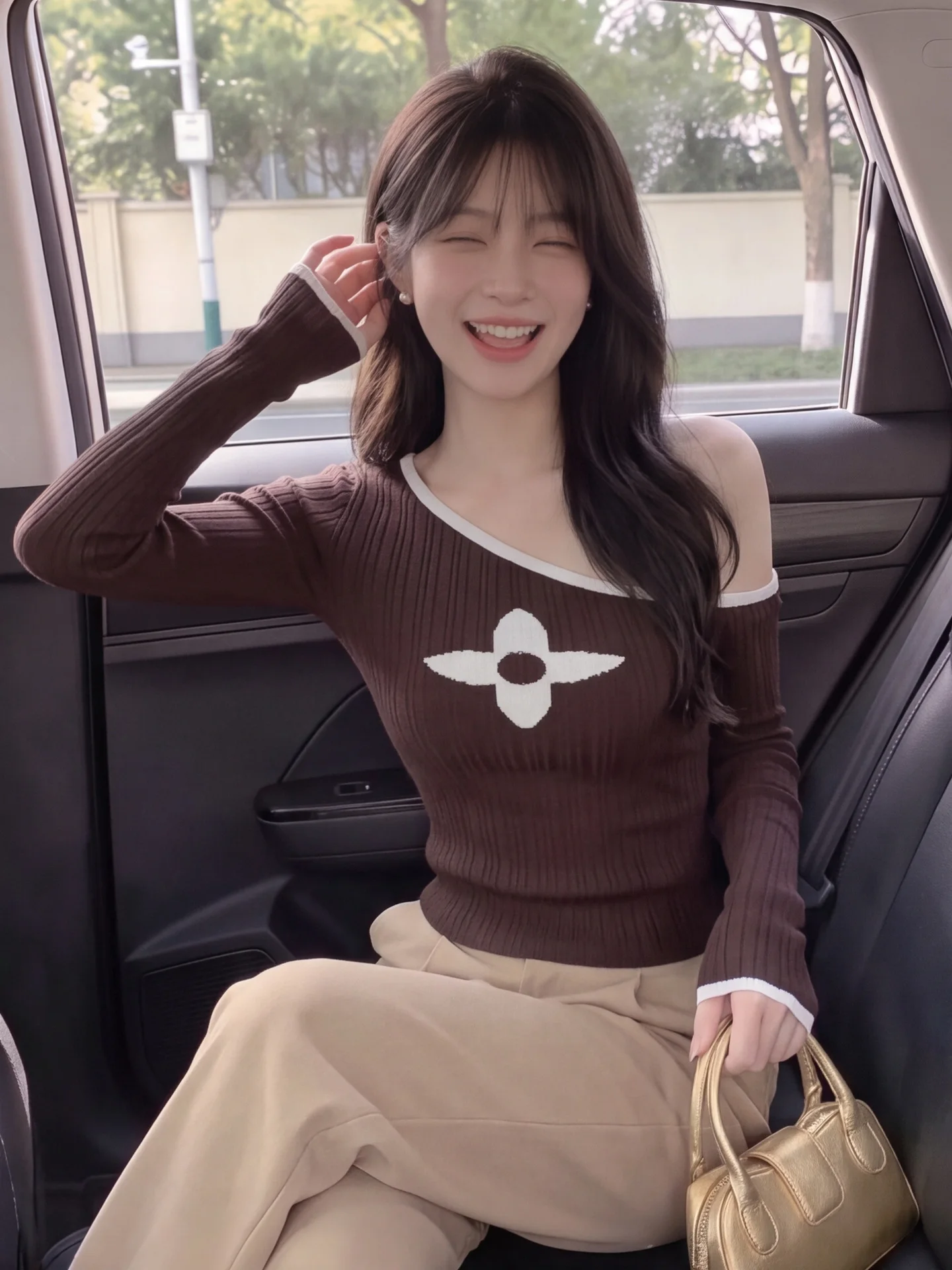 Pure Desire Spicy Girl Knitted Top Women's Fashion Autumn Slim Fit Base Shirt Shoulder Bared Floral Shadow Pattern Korean Style