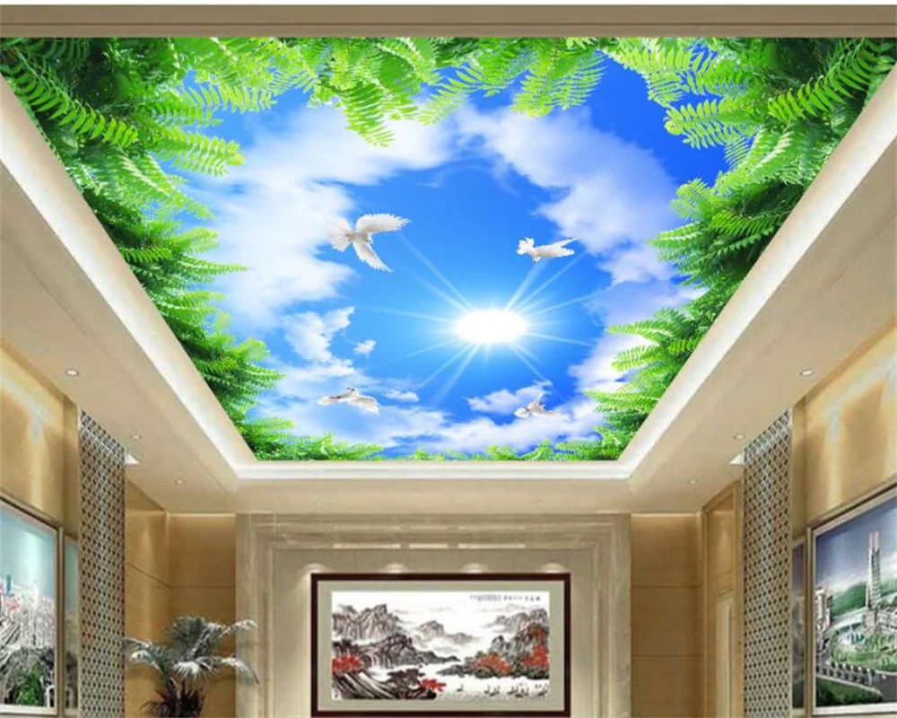 

Custom mural 3d blue sky and white clouds dove wallpaper green leaves fresh ceiling ceiling decoration papel pintado de pared