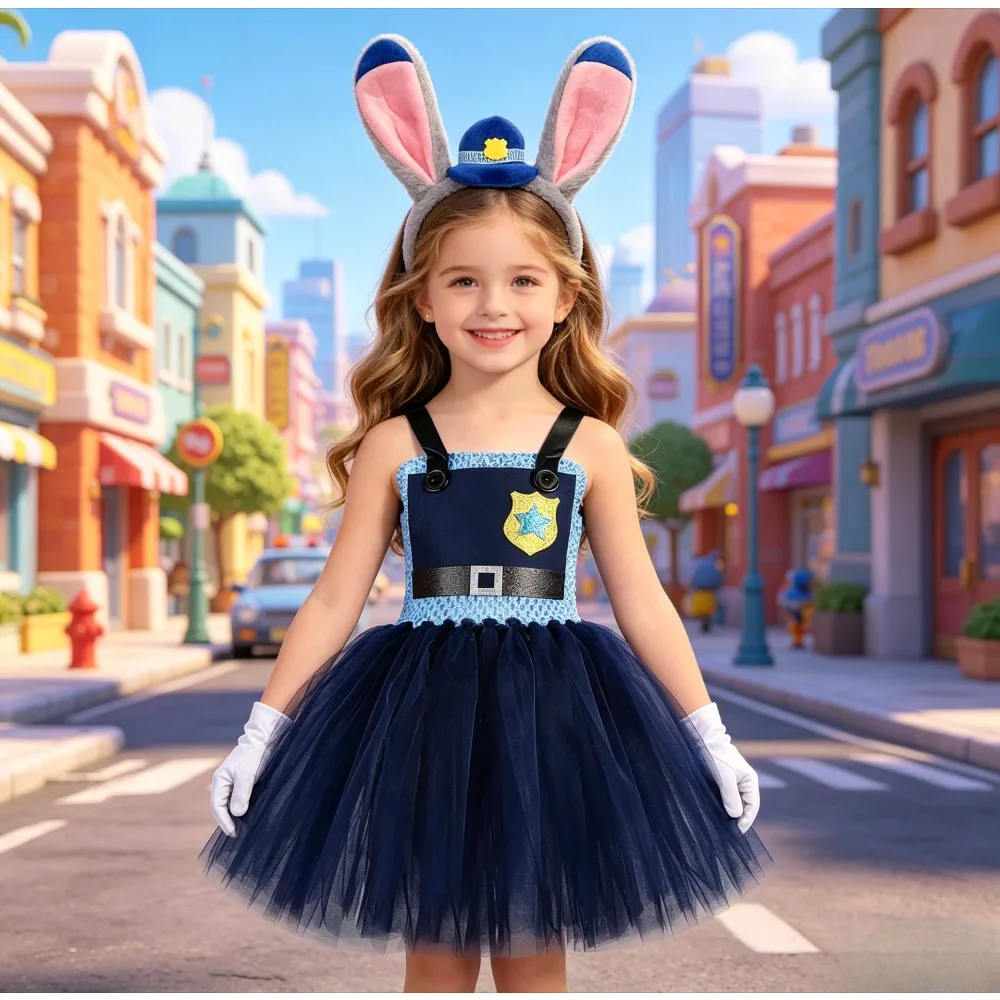 

Rabbit Police Officer Outfit Kids Halloween Carnival Tutu Dress with Ears Bunny Costumes for Girls Cartoon Animal Sets