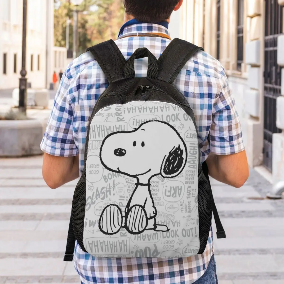 Custom Snoopy On Black White Comics Disney Backpack for Women Men Water Resistant School College Peanuts Bag Print Bookbag