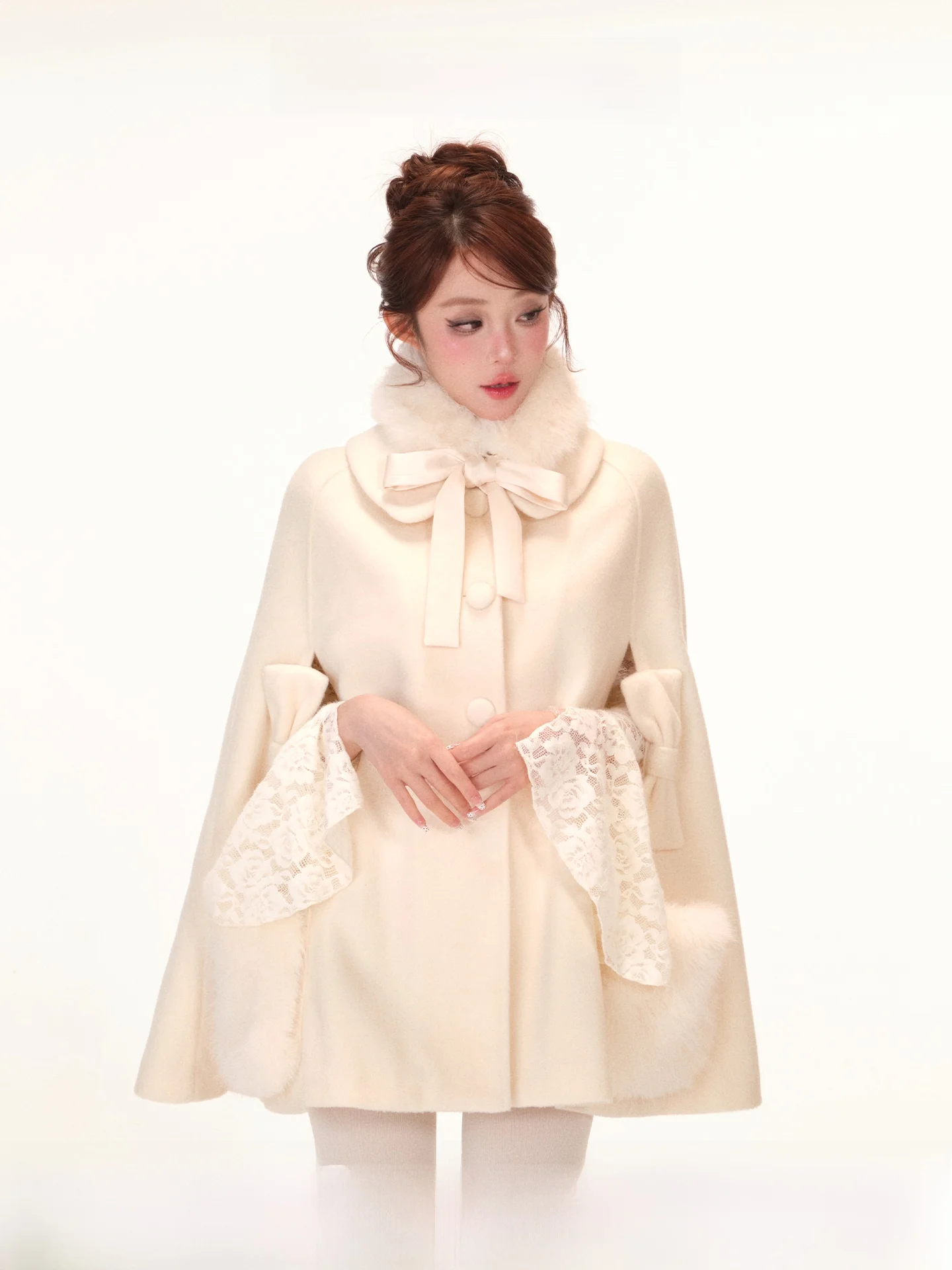 

Tokyo Lovers Rich Miss Sle Cotton Insert Cloak Coat Detachable Fur ket Autumn Winter Scarf Sle Women's Wool Blend Coat