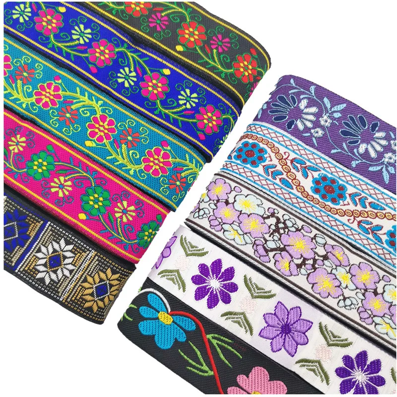 7 Meters 3.3cm 1.3‘\'Stylish Floral Embroidered Straps Jacquard Ribbons Woven Lace Trim For Garment Bag Curtain Sewing Fabric