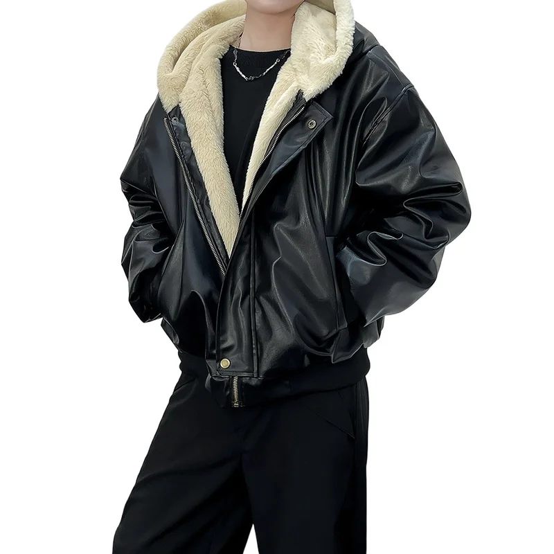

Мужская роскошная куртка из искусственного меха, зимняя толстая теплая кожаная парка с капюшоном, термообратное пальто, модная верхняя одежда свободного покроя