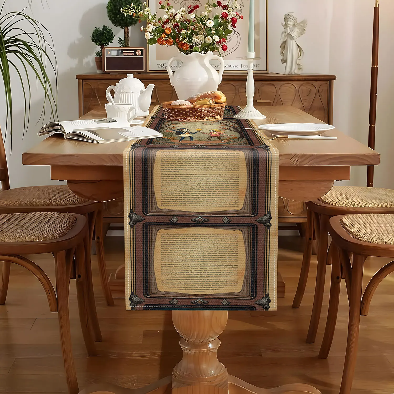 قطعة واحدة من مفرش طاولة قصة الهيكل العظمي الخيالي، يتميز بحدود عتيقة مع غابة قمرية، وهيكل عظمي، ورسوم توضيحية تفاعلية مع نص غامض، ومناسبة لحفلات الهالوين، والمطاعم ذات الطابع الخيالي، والمقاهي الفنية، والديكور الثقافيين الإبداعي، والديكور المنزلي، والمناظر الطبيعيات المظلمة #2