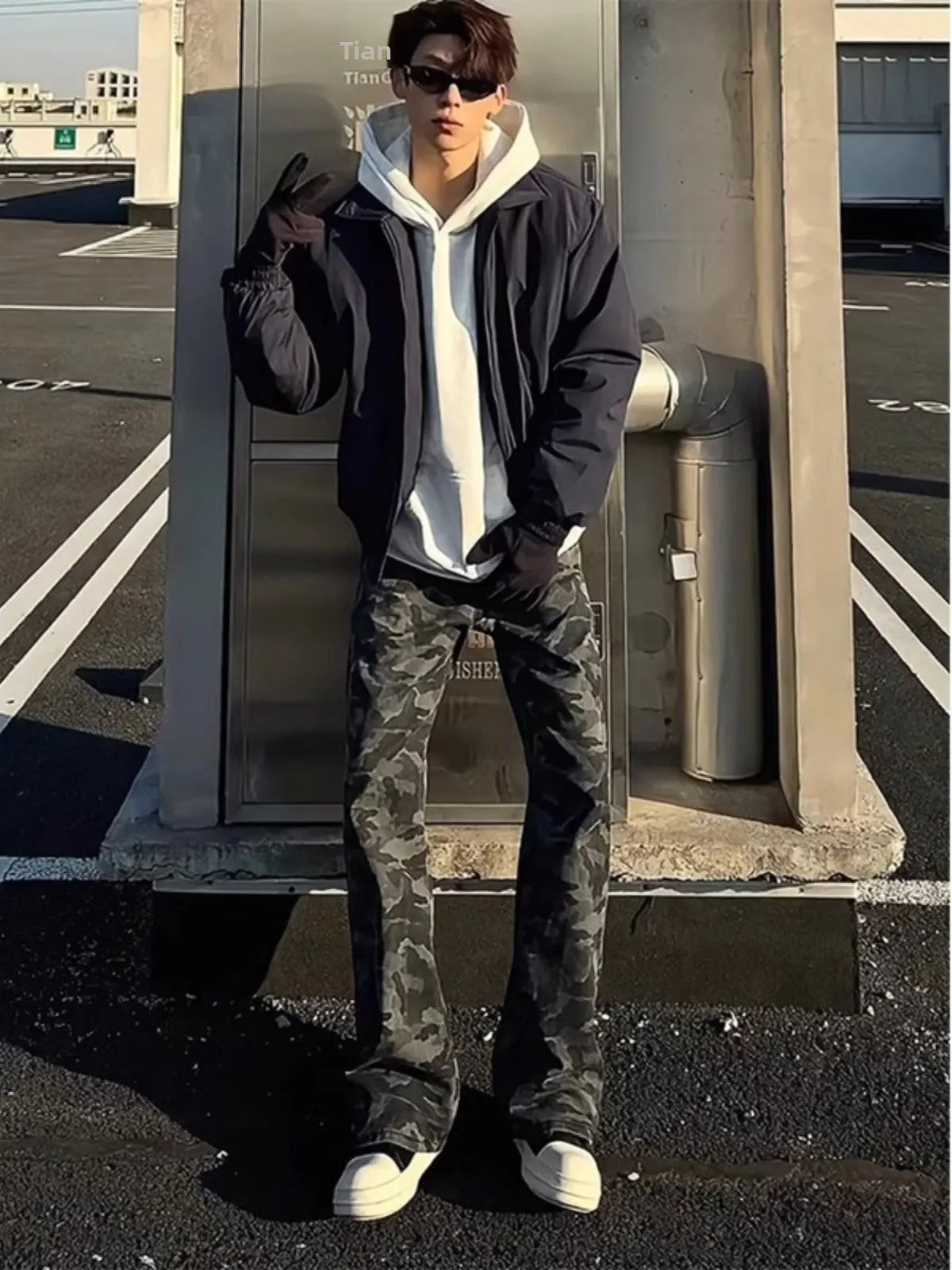 

American Sle Camouflage Wide Leg Jeans Men Spring Autumn CleanFit Bow Sawmill Workwear Straight Tube Trendy Jeans