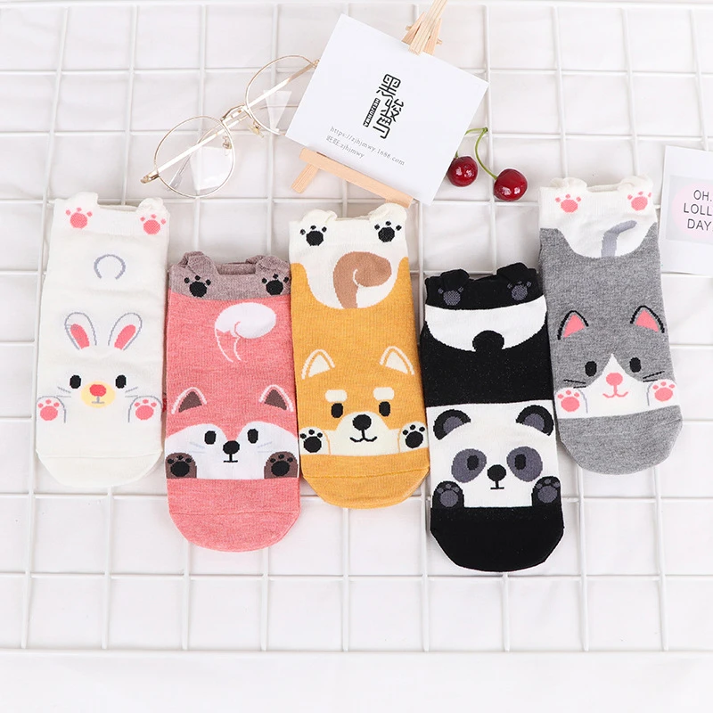 Kawaii Women Short Socks Funny Cute Cartoon Animal Cat Dog Fox Panda Rabbit High Quality Cotton Harajuku Casual Ankle Socks Sox