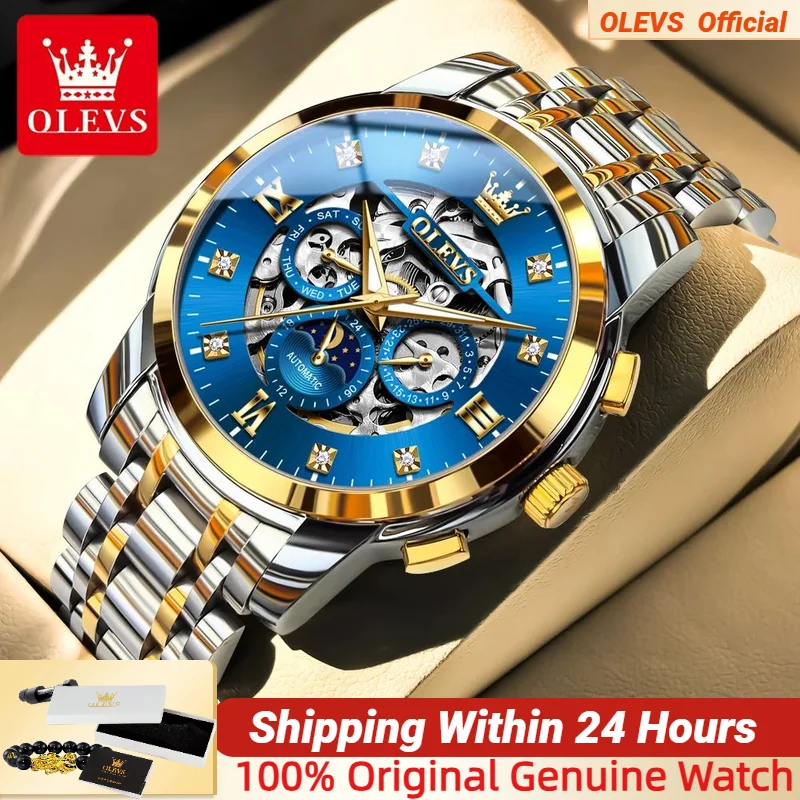 OLEVS 6721 Skeleton Mens Watch Diamond Moon Phase Dial Waterproof Luminous Watches Fashion Automatic Mechanical Watch for Men