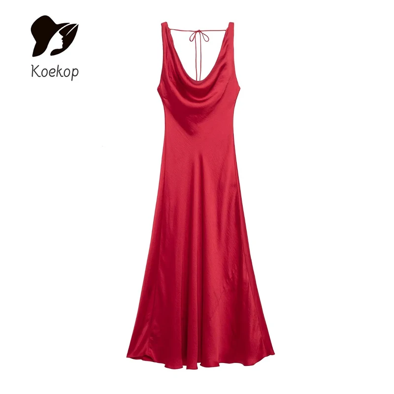 فساتين Koekop النسائية ذات اللون الصلب والمزخرفة من الساتان، فساتين كلاسيكية كاجوال بدون ظهر أنيقة للسيدات، تنانير #1