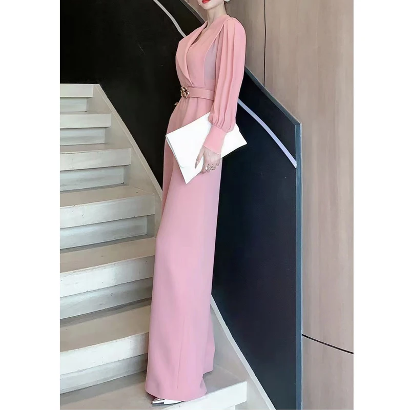 Cinto de cintura alta feminino Macacão de perna larga, senhora do escritório, elegante macacão de festa, manga comprida, bolso rosa solto, novo, primavera, 2022