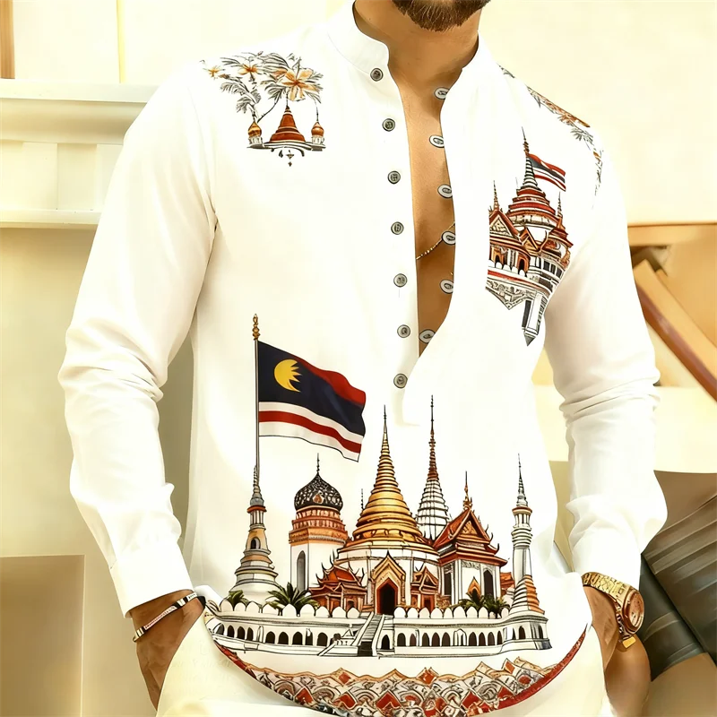 マレーシア国旗＆伝統寺院プリント バジュ・マレーユ メンズ長袖シャツ エスニックカジュアルブラウストップ 文化祭用