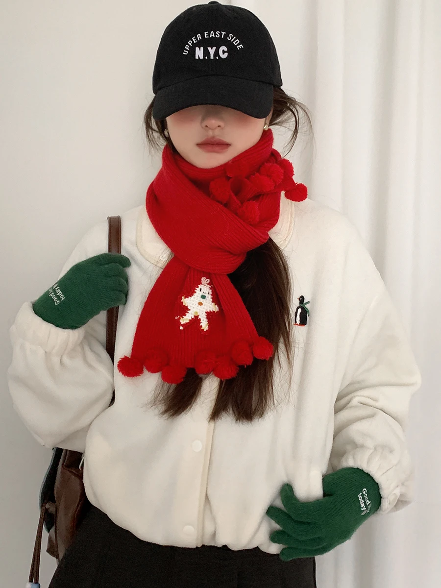 

Red Scarf For Women Christmas Atmosphere Warm Neck Protection Small Korean Style Scarf With Cute Stars For Cold Weather