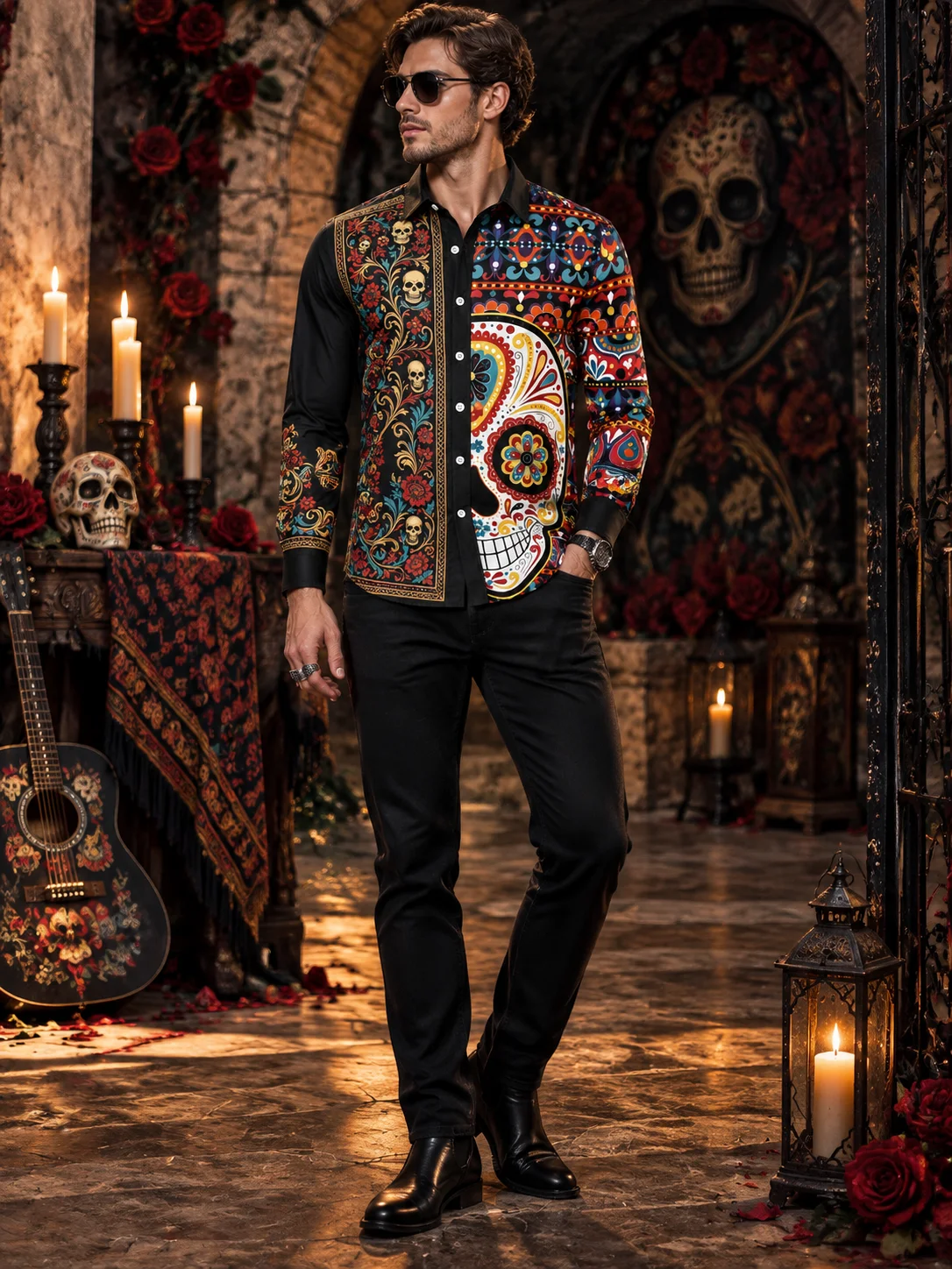 New Fall and Winter Men's Shirt, Euro-American Street Style Art, Halloween Party Outfit, Skull Ethnic Print Long Sleeve Shirt