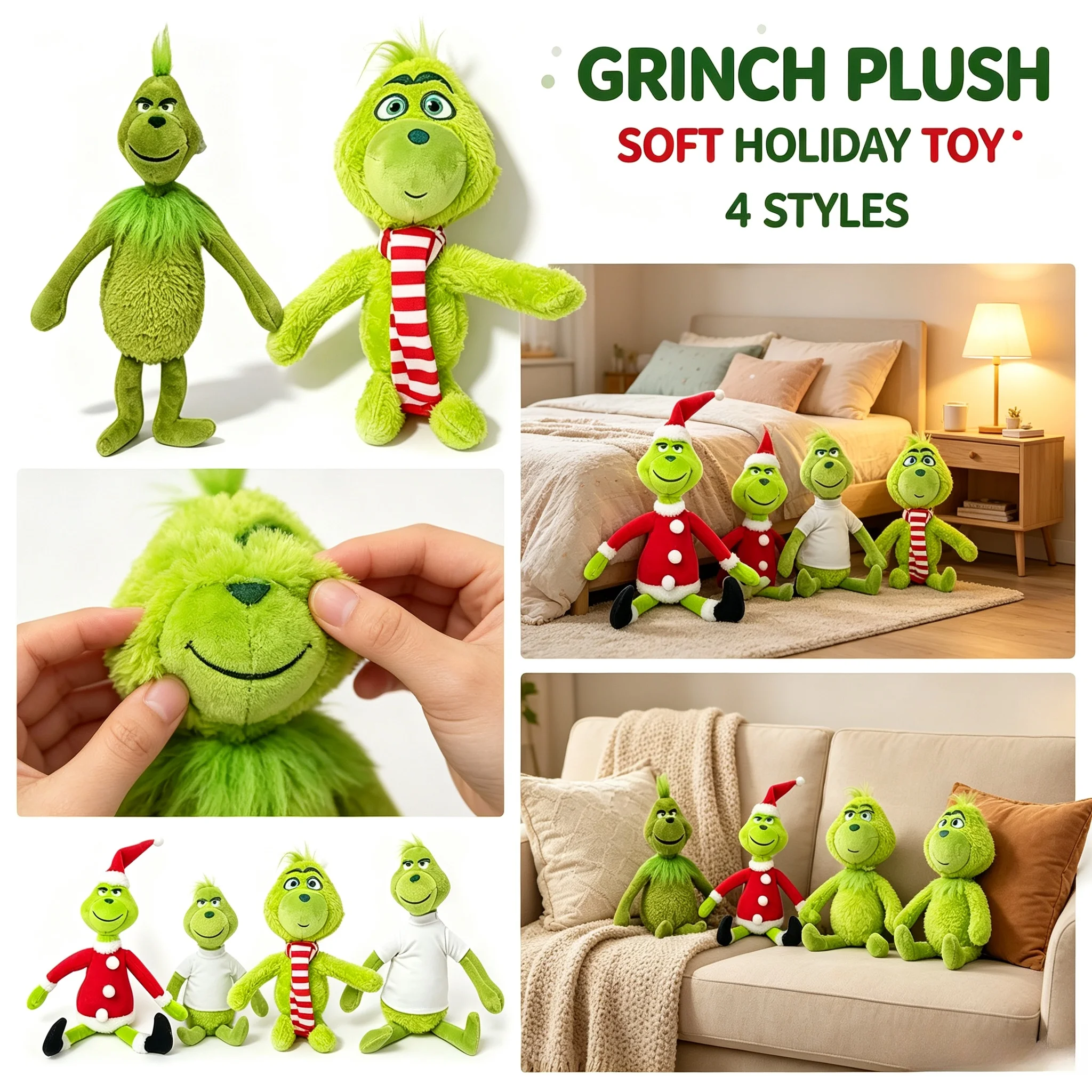 4 Styles Green Furry Humanoid Plush Toy, Soft Fluffy Stuffed Figure with Christmas Outfit & Scarf, Holiday Collectible Decor