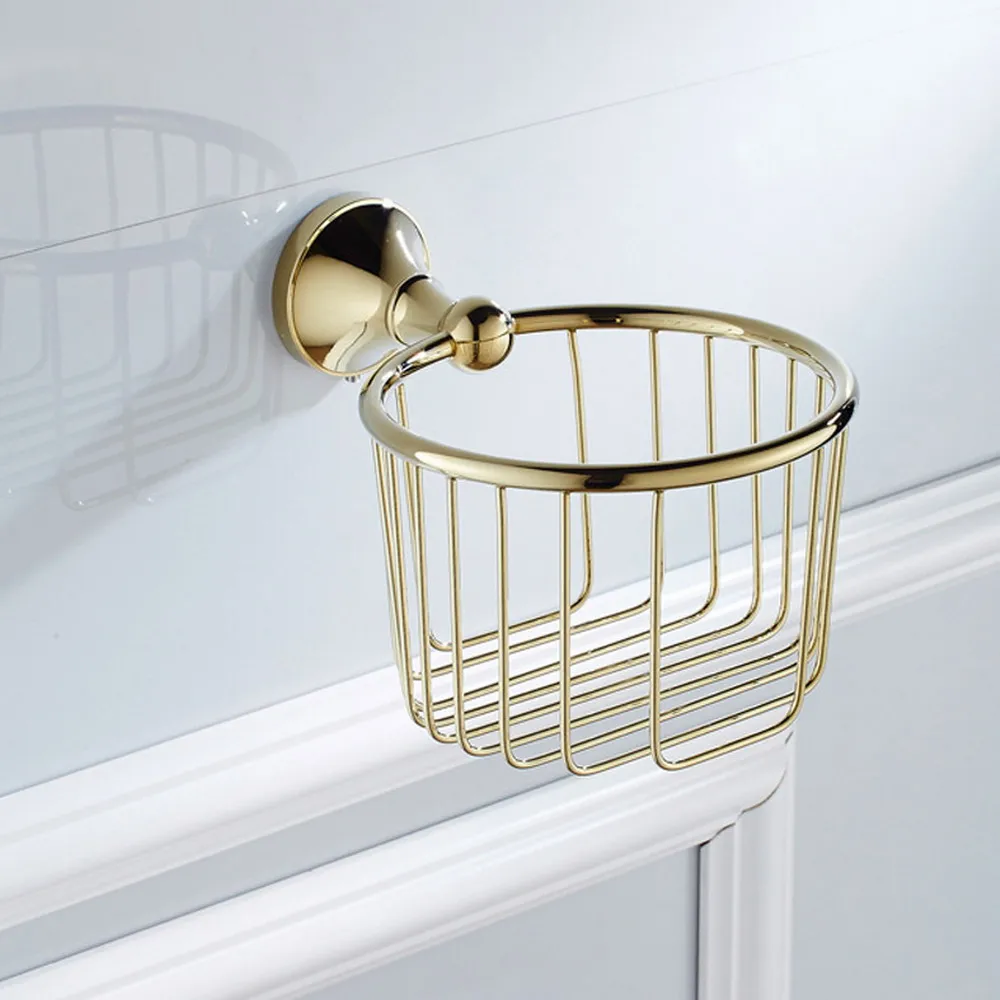 

Bathroom Accessories Polished Gold Color Brass Wall Mounted Toilet Paper Roll Holder Shower Storage Basket aba927