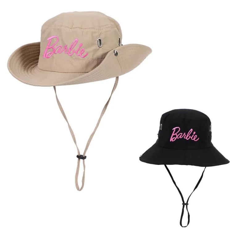 Anime New Barbie Pink Hiking and Fishing Quick Drying Pink Cute Embroidered Wide Brimmed Fisherman Hat Outdoor Sunshade Hat