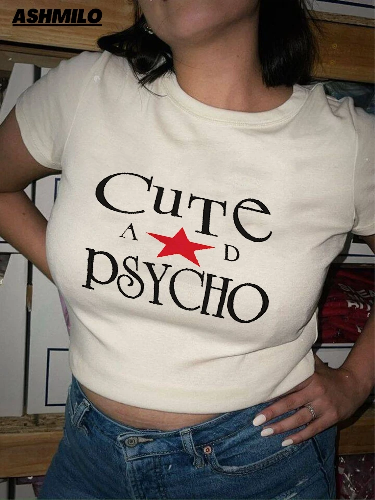 

Women T-Shirt Cute And Psycho Letter Print Star Girl Funny Y2K Crop Top Summer Baby Fashion Cute Baby Streetwear