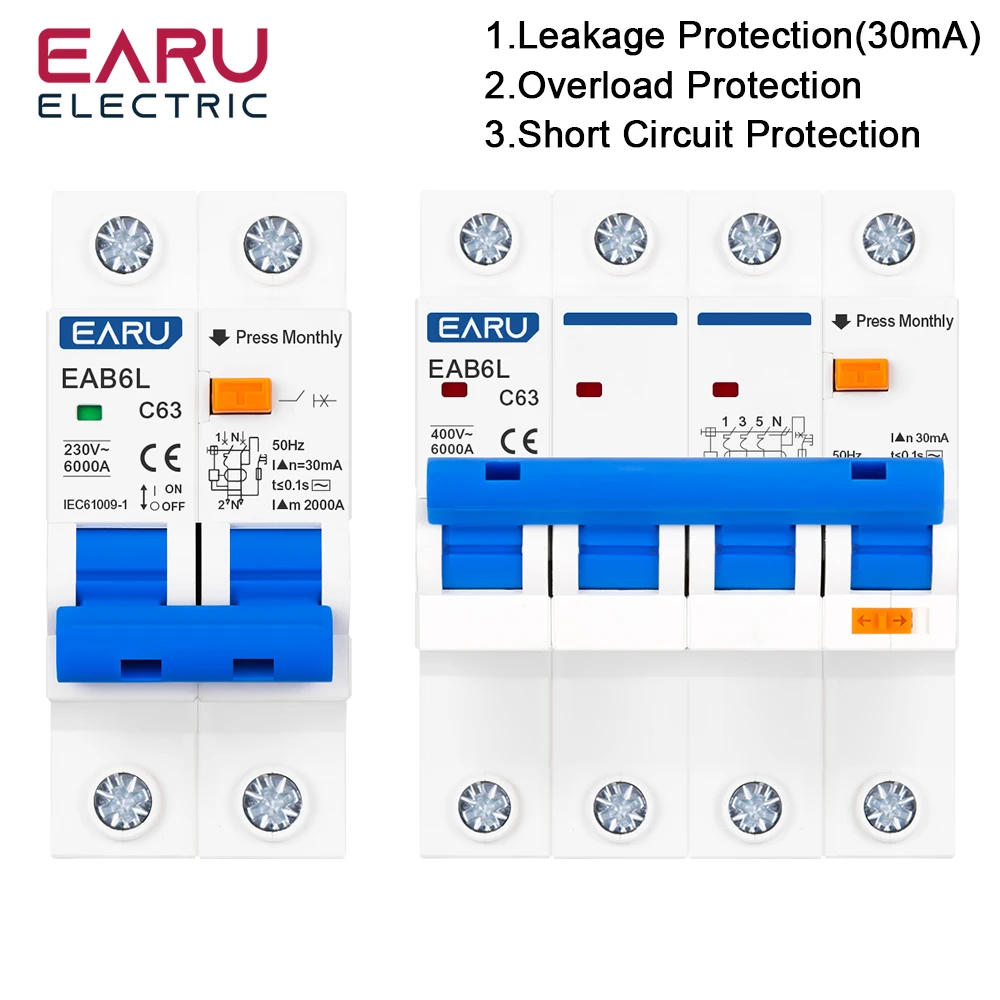 EARU 2P 4P RCBO AC 230V 400V Residual Current Circuit Breaker C Type Overload Short Circuit Leakage Protection Switch MCB RCCB