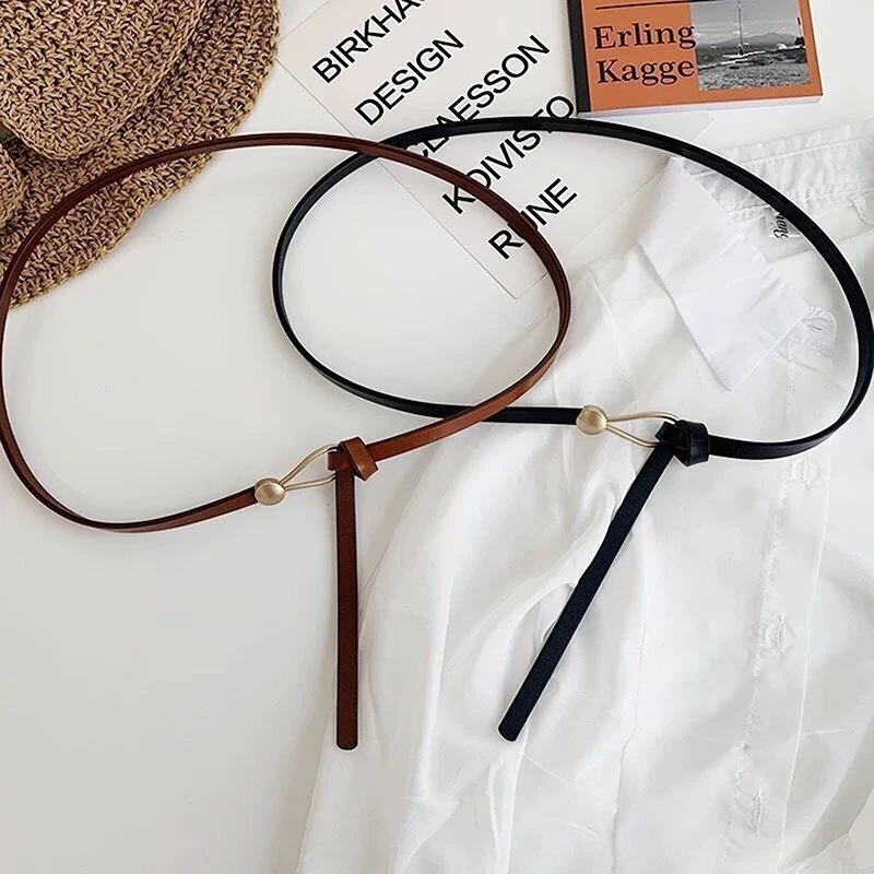 

Women's Thin Suit Belt Genuine Leather Versatile Knotted Decorative Belt Fashionable Black Dress Sweater Waist