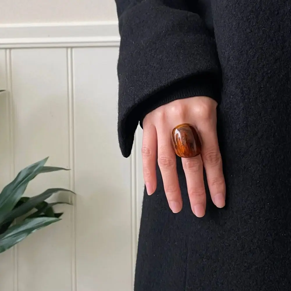 New Geometric Wide Face Chunky Ring Resin Vintage Large Finger Rings Gift Accessories Amber Color Punk Jewelry